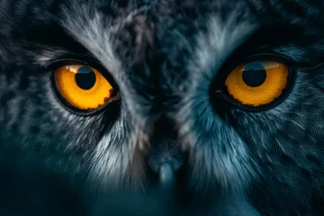 Foto op Canvas Close-up Owl Eyes in Nature: Detailed view of a majestic owl's intense gaze, showcasing its striking black, yellow, and green eyes, feathers, and beak © atitaph