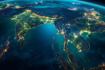 Blue World Map on Background with Earth, Globe, and Ocean Elements, Featuring Continents, Seas, and Space in 3D Illustration at Night