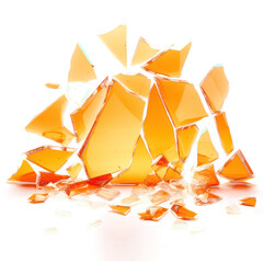 A broken mirror with orange reflections, pieces of broken glasses  isolated on transparent png.