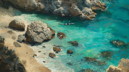 A secluded coastal cove, where the turquoise waters lap gently against the rocky shore, with a solitary kayak gliding serenely through the calm seas, its occupant lost in the meditative rhythm of thei