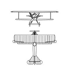 Technical sketch drawing Illustration of 1900's vintage aircraft line art, biplane silhouette with white detail lines, outline vector doodle illustration, front and top view isolated on white © didiwidjanarko
