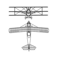 Technical sketch drawing Illustration of 1900's vintage aircraft line art, triplane silhouette with white detail lines, outline vector doodle illustration, front and top view isolated on white © didiwidjanarko