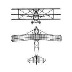 Technical sketch drawing Illustration of 1900's vintage aircraft line art, triplane silhouette with white detail lines, outline vector doodle illustration, front and top view isolated on white