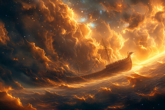 Noah's Ark braving a stormy sea, symbolizing a voyage of faith and divine guidance through tumultuous times.