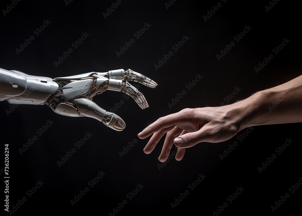 Poster machine learning, hands of robot and human touching