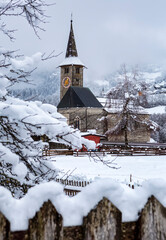 The church of St. Martin and the village of Zillis in a winter snow day, Schamsertal, Grisons, Switzerland