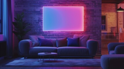 Interior of modern living room with purple sofa and blue armchair
