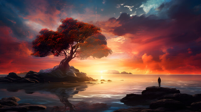 Simple and beautiful ipad wallpaper high quality Free Photo,,
A painting of a tree with the sun setting behind it

