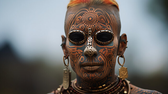 Picture of a person adorned with facial tattoo.