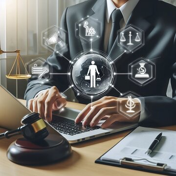 Legal advice business concept. Businessman use laptop with virtual law icon for business legal advice, Labor law, Lawyer, Attorney at law generative ai