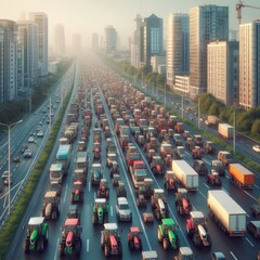 A cluster of tractors on a city road, a demonstration,a protest of farmers in Europe,Economic crisis