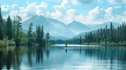 Papier Peint photo Mont Cradle A serene mountain lake, cradled by towering peaks and lush forests, where the stillness is broken only by the occasional splash of a leaping fish or the cry of a distant eagle, providing the perfect s