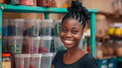 Smiling Black Woman Amidst Boxes at Shelves. Local Retail Store Backroom. Effective Donation Management. 