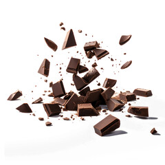 Falling chocolate pieces isolated on transparent png.