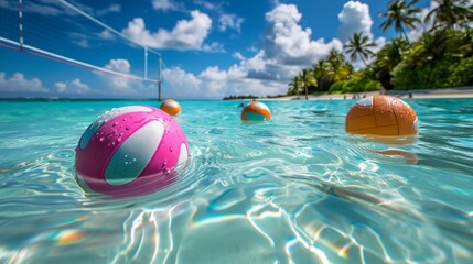 A set of brightly colored beach volleyball floats lazily in the crystal-clear waters of a tropical...