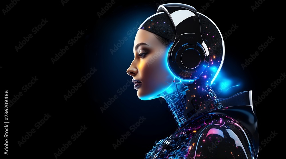 Poster an android with a glowing abstract data farm of circuitry and wires. cyberpunk. big data, artificial