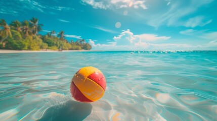 A set of brightly colored beach volleyball floats lazily in the crystal-clear waters of a tropical paradise, waiting for a friendly game to commence
