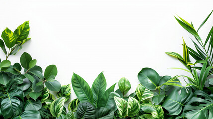 Green leaf frame: botanical border of fresh leaves and herbs in a white background.
