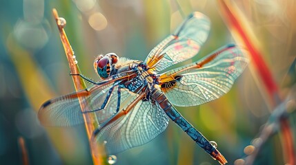 Close-Up View of a Vibrant Dragonfly Resting on a Twig Amidst Greenery with Sunlight Filtering Through