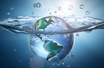 A globe in the shape of a drop of water falling on blue sea background. Environment save and ecology theme concept, Water droplet in water drop, earth day, conservation,