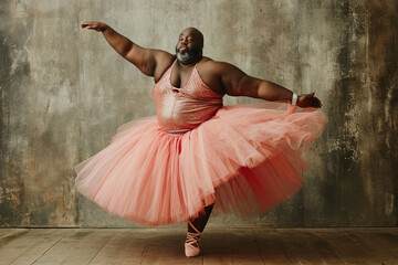 Cute oversize man pretending to be a ballerina in tutu. Ballet for everybody. Image Cute oversize man posing in a fairy costume on a pink background