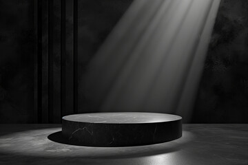 Black friday. Luxury round black podium with gold backlighting on abstract black background with many black circles. Perfect platform for showing your products.