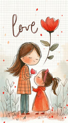 A cute little girl with long brown hair tied in a ponytail gives a flower to her mother. Text "LOVE". Pencil and watercolor drawing for mom or friend. Valentine's Day, Women's Day, Mother's Day