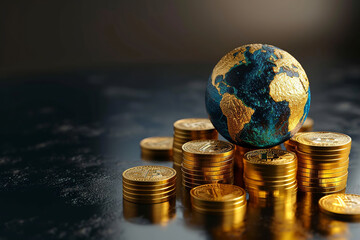 Gold coins with world globe on black background. Earth globe, sphere planet with coins, cash flying around.