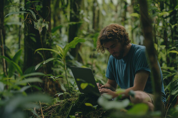 Botanist Man working on a laptop computer in the forest researching nature - obrazy, fototapety, plakaty