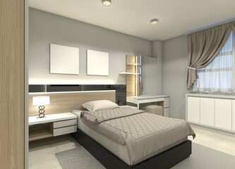 Fototapeta na wymiar Modern Bedroom with Minimalist Headboard Panel, Drawer and Dressing Table