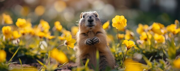 Capturing the eagerly anticipated spirit of Groundhog Day in a Spring photo. Concept Groundhog Day Celebration, Spring Awakening, Nature's Prediction, Festivities in Photos, Seasonal Excitement - obrazy, fototapety, plakaty