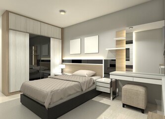 Modern Bedroom with Clothes Wardrobe, Minimalist Bed Frame and Dressing Table