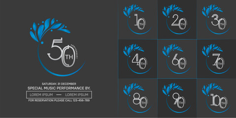 set of anniversary logotype silver color with blue swoosh and ornament for special celebration event