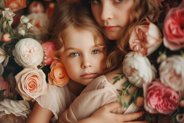 Siblings in a Florals Embrace Portrait. A tender portrait of siblings with ethereal beauty, nestled in a wonderland of delicate roses, conveying warmth and love.