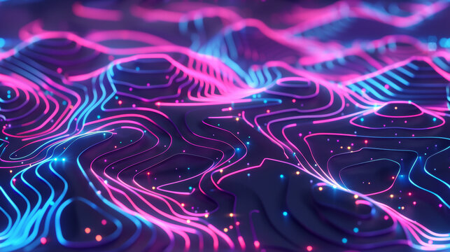 courbe de niveau d'un d&eacute;cor abstrait en relief avec des lignes lumineuses n&eacute;on bleu et violet. Arri&egrave;re plan motif futuriste