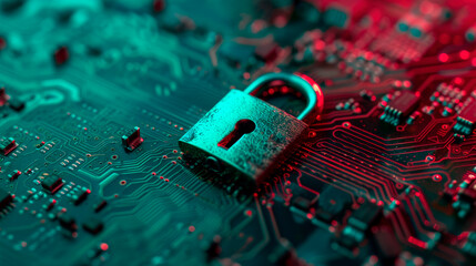 Padlock on computer motherboard. Internet data privacy information security concept.