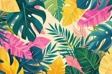 Fototapeta na wymiar Tropical Leaf Pattern with Vibrant Pink, Green, and Yellow, Illustrative Background for Summer and Nature Themes