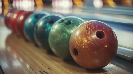 A stack of freshly polished bowling balls sit in perfect alignment at the edge of the alley, promising strikes and spares with each precise roll