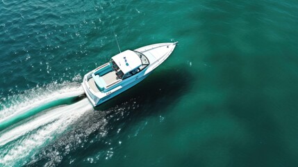 an aerial view of a motorboat on the water - obrazy, fototapety, plakaty