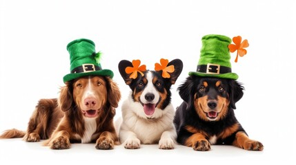 Dogs with leprechaun hat on white background, Saint Patrick's Day