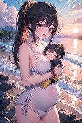 Jeune femme enceinte portant son premier enfant au bord de la mer