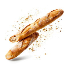 Baguette bread with falling crumbs  isolated on transparent png.