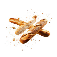 Baguette bread with falling crumbs  isolated on transparent png.