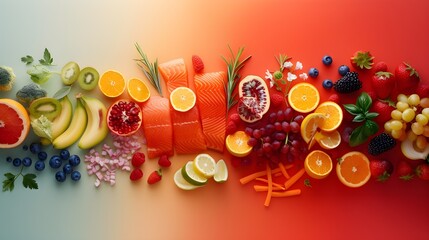 a variety of colorful and nutritious foods arranged in an artistic manner, accompanied by tips for balanced eating and maintaining a healthy diet