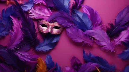 Gordijnen carnival masks on purple background and colored feathers © nataliya_ua
