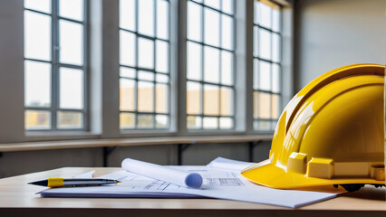 A yellow construction helmet sits beside a project or construction plan on the table, embodying the concept of construction planning.