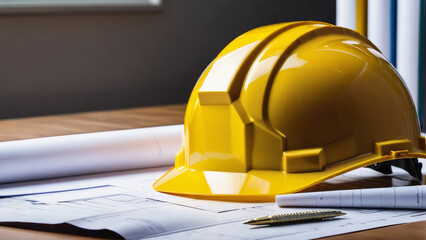 A yellow construction helmet sits beside a project or construction plan on the table, embodying the concept of construction planning.