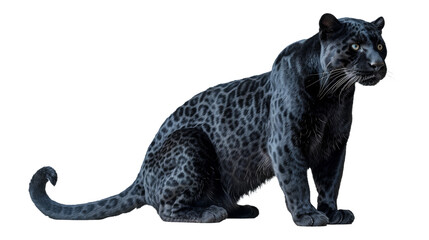 A majestic felidae with a sleek black and white coat, fierce leopard-like features, and curious whiskers perched atop its snout, this spotted cat embodies grace and wildness in one beautiful creature - obrazy, fototapety, plakaty