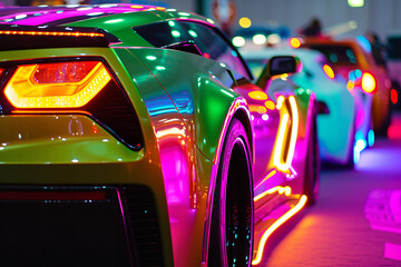 Custom car show displaying vehicles with fluorescent paint - showcasing innovative and visually captivating automotive designs.