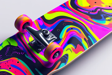 Series of skateboard designs adorned with bold fluorescent graphics - targeting a young and energetic audience.